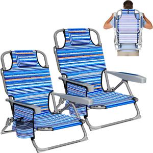 2 Pack Lightweight Portable Beach Chair for Adults, 350 LBS Capacity Backpack Beach Chair, Reclining Beach Chair with 5-Position Lay Flat, Large Cup Holder for Beach Camping Sports