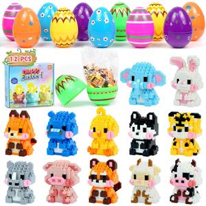 Easter Basket Stuffers Essentials, 12 Pcs Mini Animal Building Blocks with Easter Eggs, Building Blocks for Teens Kids Girls Boys Egg Hunt Prizes, Party Favors and Classroom Gifts (Easter - Animal A)