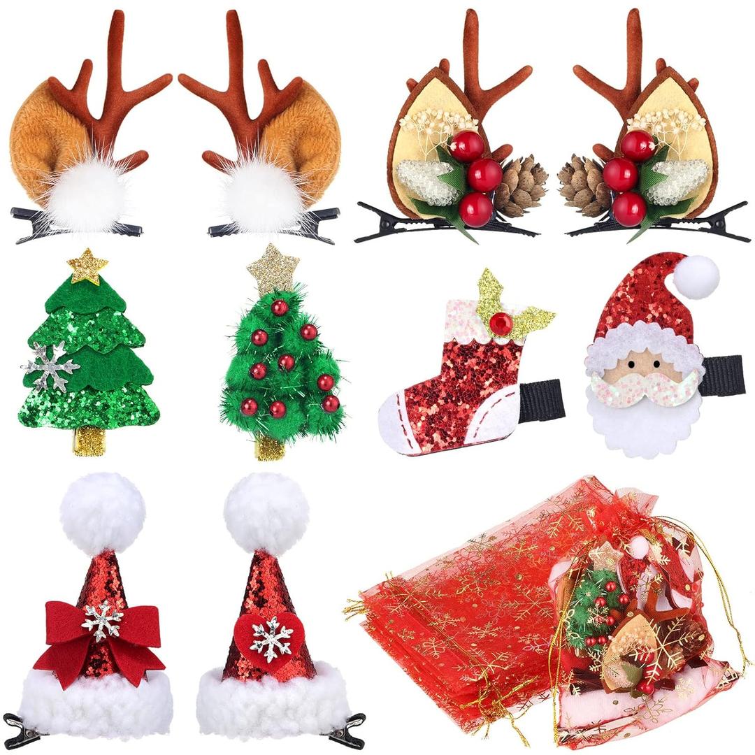 18 Pieces Christmas Hair Clips Christmas Organza Bags Set Hair Accessories Xmas Small Gifts Hairpins Jewelry Candy Gift Mini Drawstring Bags for Women Girls Winter Wedding Party