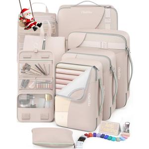 10 Set/8 Set Packing Cubes for Travel, Gifts for Women Mom,Anti-Tearing Suitcase Organizer for Luggage with Shoe & Hanging Toiletry Bag,OlarHike Vacation Essentials & Accessories for Cruise Ship,Cream