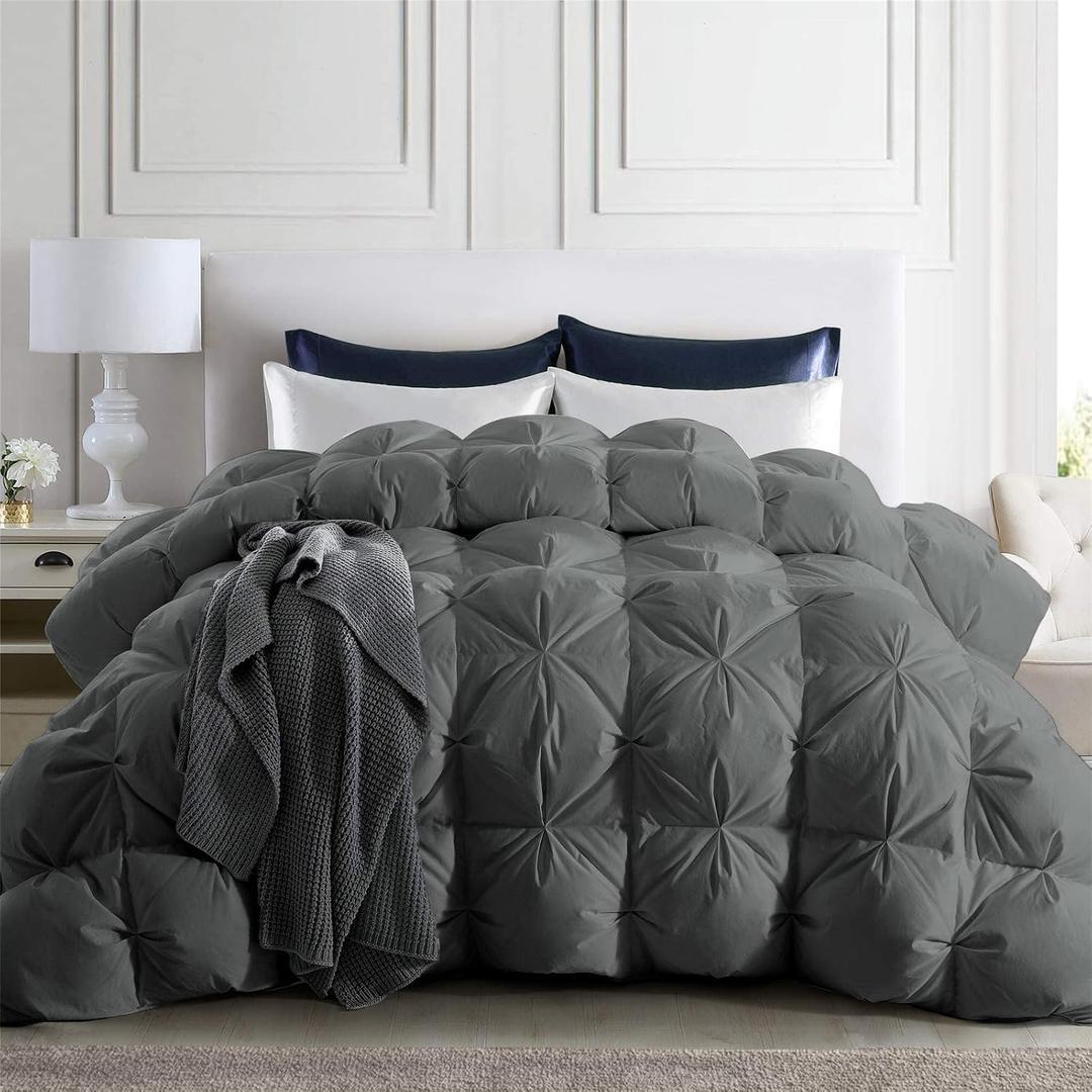puredown Grey Goose Down Comforter Oversized King Size- 93% Goose Down Winter Duvet Insert, 800 Fill Power Heavyweight Cloud Fluffy Pinch Pleat Extra Warmth Comforter, 700 Thread Count