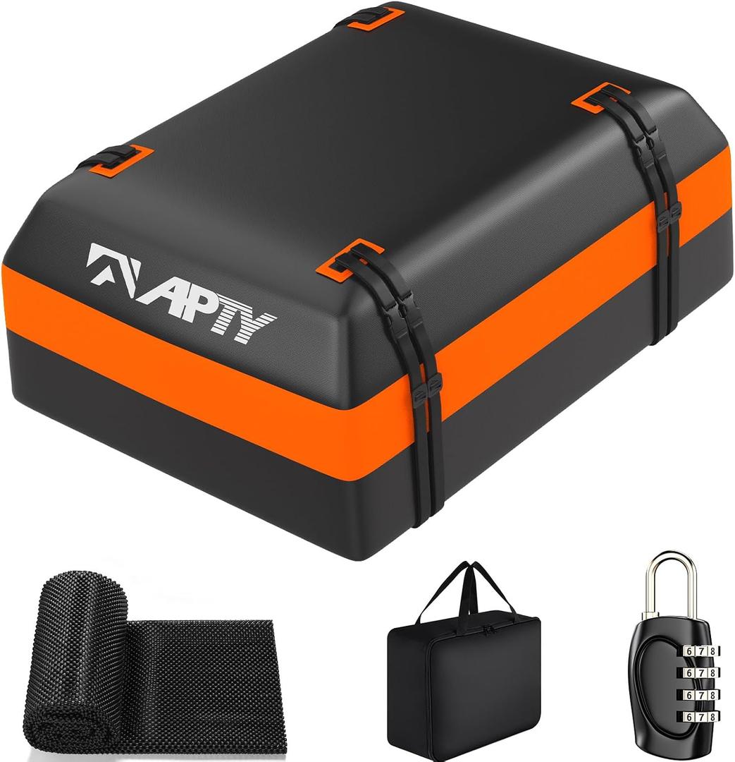APTY Car Rooftop Cargo Bag Carrier, 16 Cubic Feet Soft Roof Top Luggage Bag for All Vechicles with/Without Racks - with Waterproof Zip, Luggage Lock, Anti-Slip Mat, Door Hooks, Storage Bag