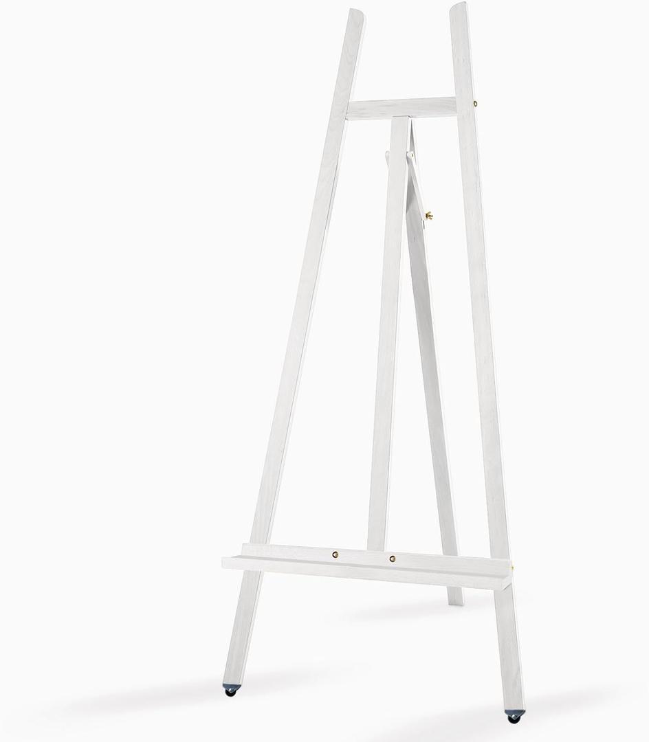 A - Frame Wooden Display Easel - Adjustable Lyre Beechwood Studio Easel Stand Holding Canvas Up to 90", Inclinable Artist Floor Painting Easel for Artwork Painting, White
