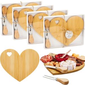 Patelai 4 Set Bridal Baby Shower Favor Heart Cheese Board with Knife, Wood Mini Charcuterie Board Thank You Gift Box for Guest Bridal Baby Shower Prize Wedding Valentines Birthday (Bamboo Color)