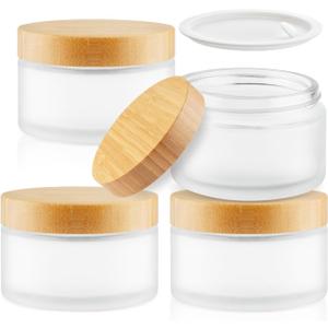 4 Pcs 200g/6.7oz Frosted Cosmetic Containers Glass Jar Empty Sample Jars with Bamboo Lids for Cream Lotion Lip Balm Makeup
