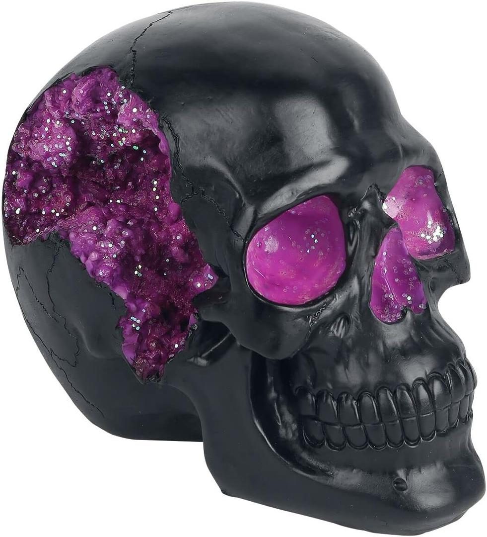 Nemesis Now Geode Skull Figurine, Black and Purple Gothic Glitter Crystal Skull Figurine, 17cm