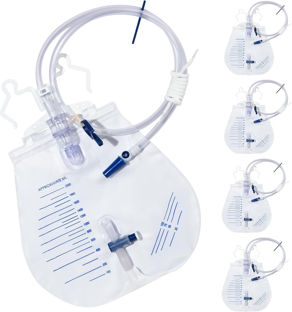 Catheter Bags for Men and Women 2000mL Urinary Drainage Bags, Enhanced Anti-Reflux Drip Chamber, 48 Thickened Tube, Adjustable Clips & Hanging Hook (A-2000mL-5PACK)
