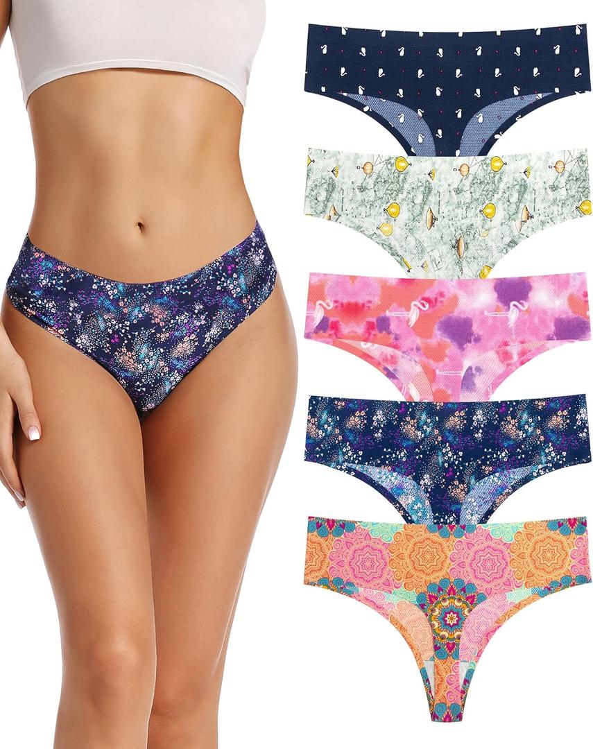 voenxe Seamless Women Underwear Thongs,High Waisted No Show Ladies Panties,Breathable Comfy Active Hi Rise Cut Undies,5-Pack (XX-Large, Pattern)
