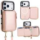 Bocasal for MagSafe Crossbody Wallet Case Compatible with iPhone 17 Pro, RFID Blocking Protective Purse Case with Card Slots Holder Kickstand Wrist Strap Lanyard Zipper 6.3 Inch 5G (Rose Gold)