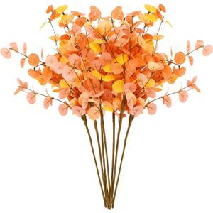 7 PCS Artificial Eucalyptus Stems Greenery Stems 24" Tall Orange and red Two Colors Leaves in Autumn Fake Plants Decor Faux Floral Stems for Vase Home Party Wedding Decorations (7PCS Orange)