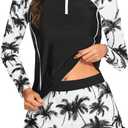Long Sleeve Rash Guard for Women - 2 Piece Swimsuit with Shorts Zip Up Swim Shirt with Built-in Bra (Small, Black Purple Leaf)