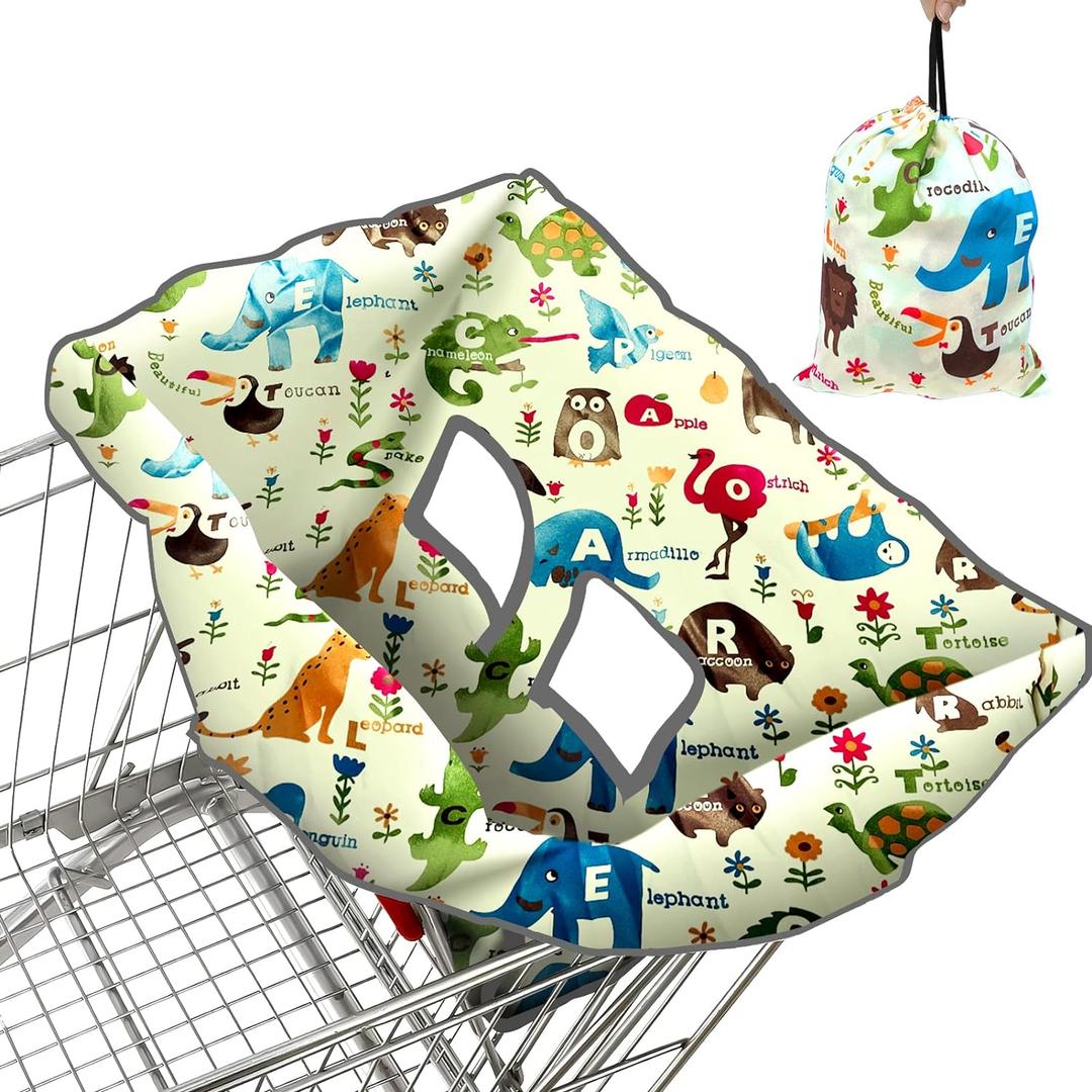 Shopping Cart Cover for Baby, High Chair Cover, Cart Cover for Babies, Kids& Toddlers, Portable 2-in-1 Design, Includes Free Carry Bag for Market and Resturant Use(Cute Zoo)