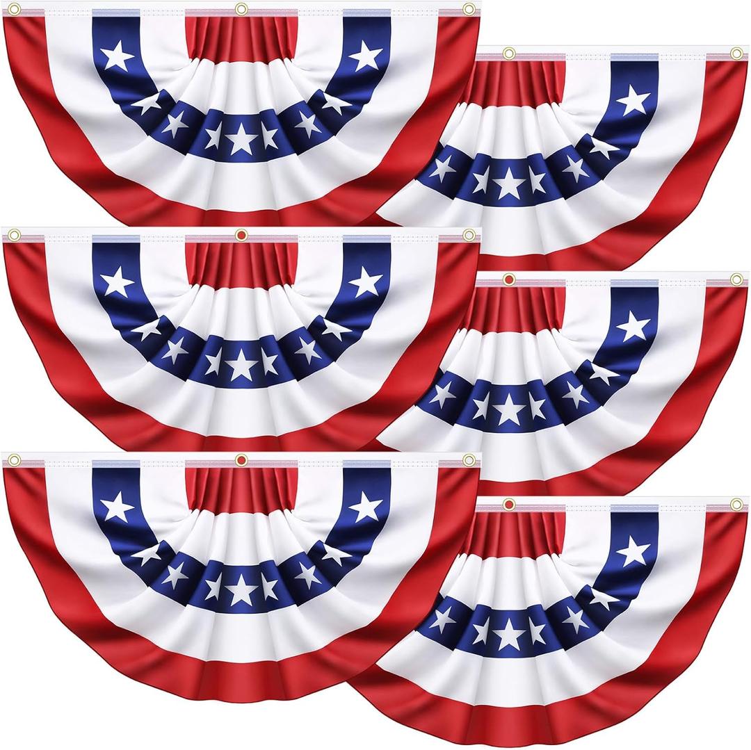 3x6 Ft 6 Pack American Pleated Fan Flag, USA Patriotic Flag Bunting Half Fan Banner for Outside Red White and Blue Decor Memorial Day Independence Day 4th of July Decorations