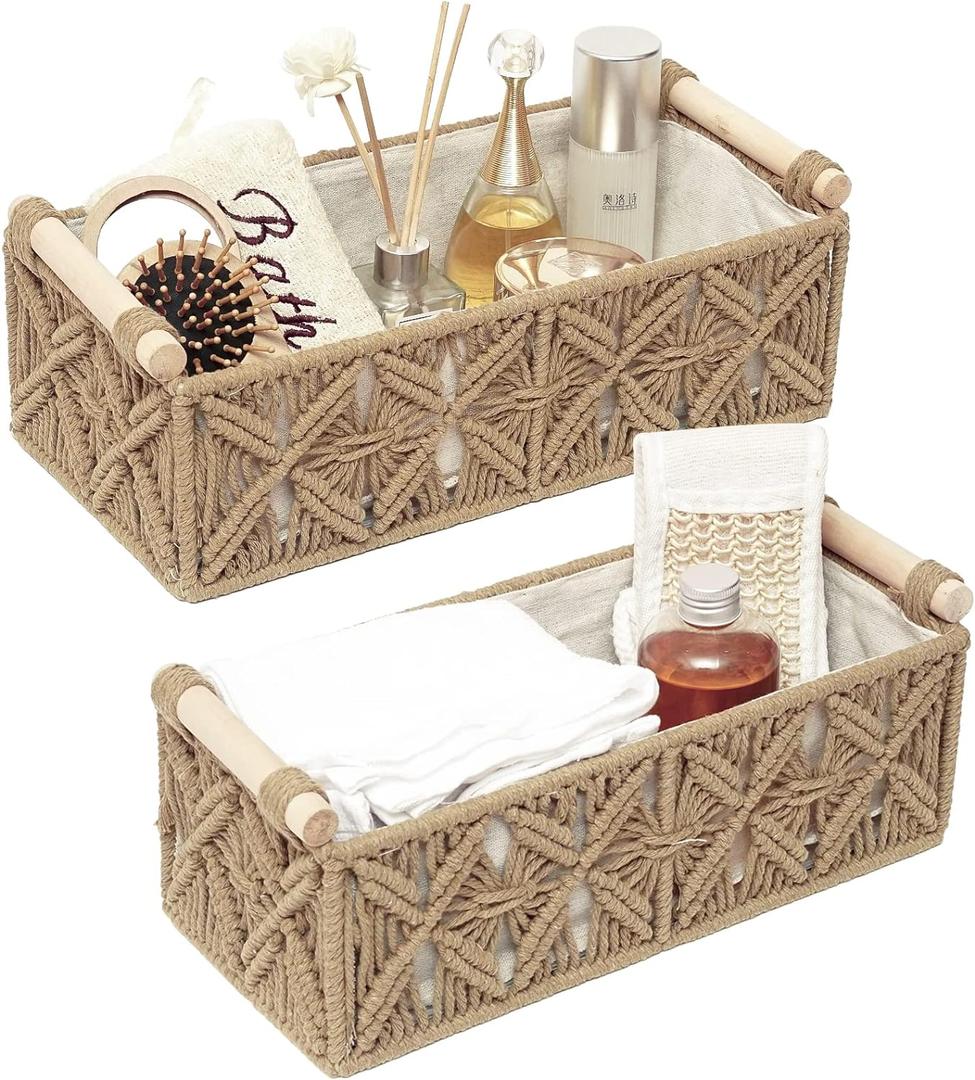 Macrame Storage Basket Boho Decor Baskets for Organizing Woven Decorative Basket for Countertop Toilet Paper Basket for Toilet Tank Top Shelf Basket with Handle for Bathroom Decor Nursery (Set of 2) (Beige)