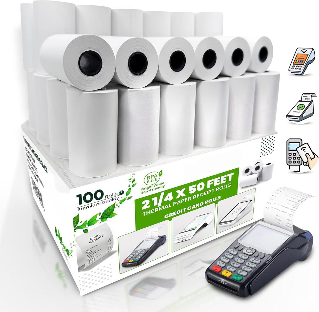 PM Company Thermal Paper Receipt Rolls  BPA-Free Receipt Paper for Credit Card Machines  Fits All Standard Terminals (Size: 2 1/4" x 50 ft) (Pack of 100)