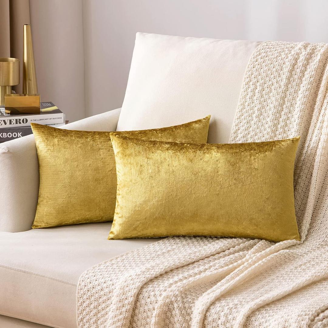 MIULEE Pack of 2 Golden Velvet Throw Pillow Covers 12x20 Inch Soft Solid Decorative Set Lumbar Fall Cushion Cases for Couch Sofa Bedroom