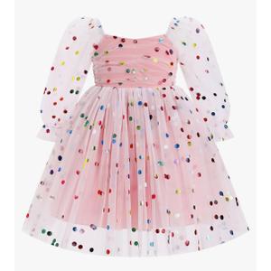 FYMNSI Kids Girls Flower Girl Dress Sheer Mesh Long Sleeve Ruffle Tulle Tutu Dress Toddler Baby Wedding Birthday Xmas Dresses 6-12 M