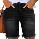 Utyful Women Summer Frayed Ripped Bermuda Shorts Distressed Denim Jeans Short (Medium, Raw Hem-black)