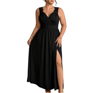 OYOANGLE Women's Plus Size Lace Trim Sleeveless Maxi Dress Wrap V Neck High Slit Formal Evening Dresses Black XX-Large Plus