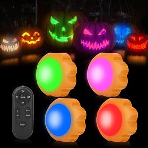 4 Pack Halloween LED Pumpkin Lights Battery Operated, Remote Control Always On/Colorful Candlelight Ambient Light Multi-Function Timing Bedside Light for Bedroom