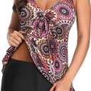 Yonique Women 2 Piece Flowy Tankini Swimsuits with Boyshorts V Neck Swim Tank Tops Bathing Suits Modest Swimwear (X-Large, Mandala)