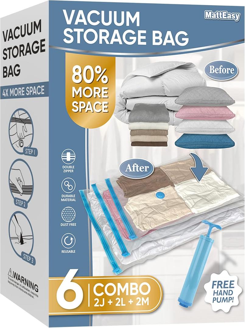 Space Saver Vacuum Storage Bags, 6 Pack Combo (2 Jumbo/2 Large/2 Medium) Space Saver Bags with Pump, Storage Vacuum Sealed Bags for Clothes, Comforters, Blankets, Bedding