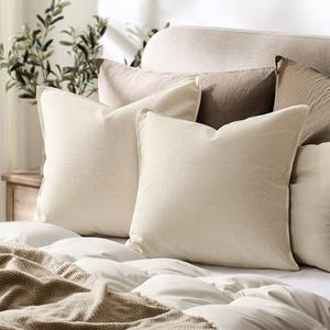 MIULEE Decorative Euro Sham Pillow Covers 50x50, 2 Pack Large Boho Farmhouse Neutral Throw Pillows for Bed, Thick Textured Modern Linen Cushion Cases Couch Sofa Living Room Home Decor, Natural Beige