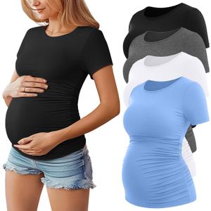 Huukeay 4 Pack Women's Maternity Shirts, Crew Neck Maternity Top Short Sleeve Casual Cotton Tee Side Ruched Pregnancy Clothes (Medium, Black, White, Dark Gray, Light Blue)