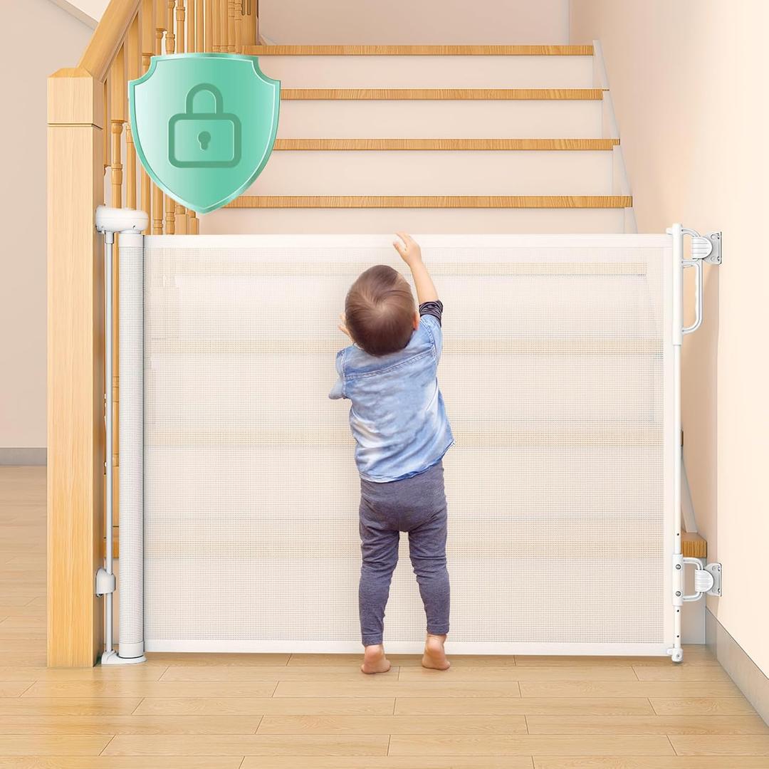 Momcozy Auto Lock Retractable Baby Gate, Safety Gate for Baby and Pet, 33 Tall, Extends to 55 Wide, Mesh Safety Dog Gate for Stairs, Indoor, Outdoor, Doorways, Hallways (33" Tall x 55" Wide, White)