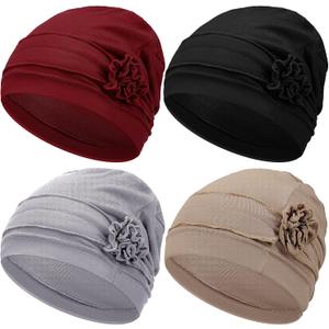 Geyoga 4 Pcs Chemo Turban Headwear for Women Soft Slouchy Cancer Headwear Elastic Sleep Cap with Flower Design, One Size