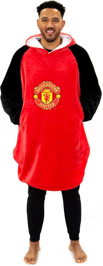 Manchester United Oversized Wearable Fleece Blanket, Super Warm and Cosy Premium Sherpa Lined, Manchester United Design, M