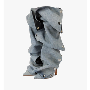 Arqa Womens Stiletto Heel Knee High Boots Pointed Toe Applique Denim Boot with Zipper Silver Buttons Fall Slouchy Boot 10
