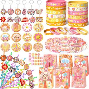 Winrayk 110Pcs Groovy Party Favors Retro Hippie Boho Birthday Supplies, Gift Bags Straws Badge Silicone Wristband Keychain Sticker, Kids Goodie Bag Stuffers Hippie Themed Two Groovy Party Favors Decor