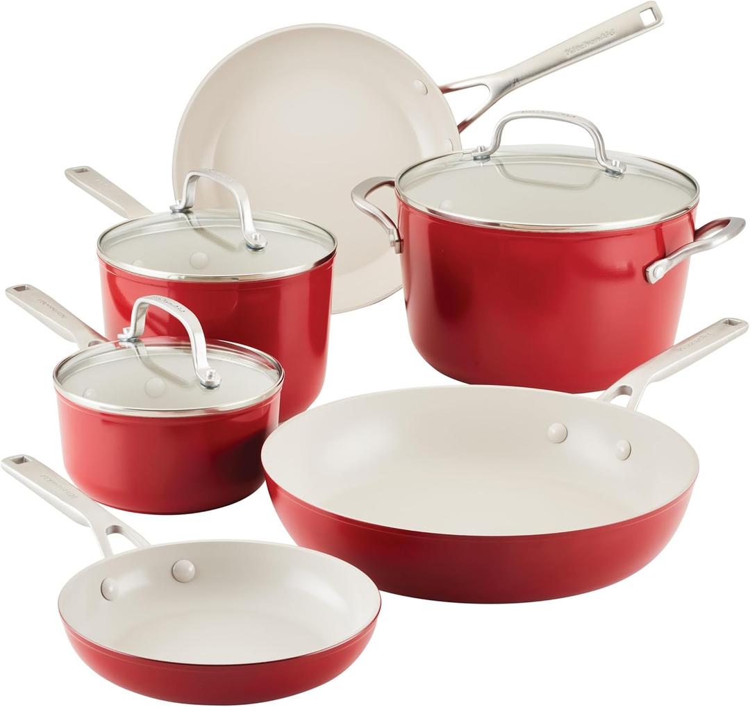KitchenAid Hard Anodized Ceramic 9-Piece Nonstick Cookware Set  Includes Fry Pans, Saucepan, Stockpot, Durable, Even Heating, Oven Safe to 500F, Empire Red