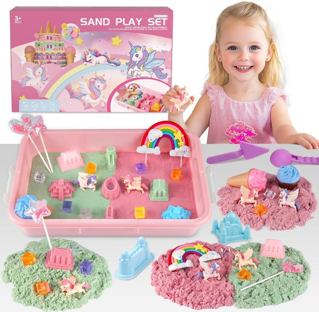 Unicorn Sensory Sand Kit for Girls Ages 3-8  2.2lbs Colorful Play Sand, Unicorn Toys, Castle & Ice Cream Molds, Tools & Sandbox with Lid  Great Christmas & Birthday Magic Sand Gift for Toddlers 3-5 (Large)