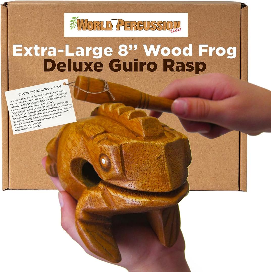 Deluxe Extra-Large 8" Wood Frog Guiro Rasp - Percussion Musical Instrument Tone Block - Wooden Instrument with Stick, Noise Maker by World Percussion USA