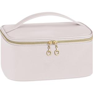 senbowe Travel Makeup Bag, Large Capacity Cosmetic Bags for Women,Portable Waterproof Leather Toiletry Bag Make Up Organizer Bag with Divider and Handle (Beige)