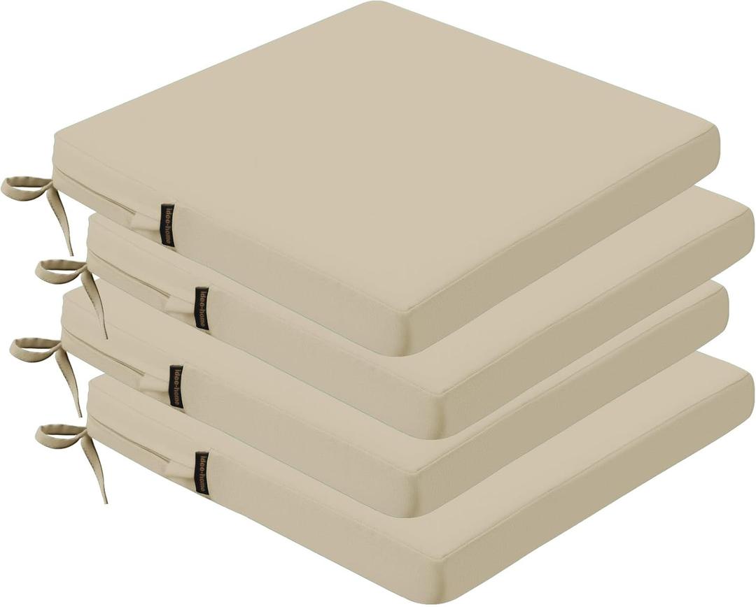 Idee-home Outdoor Chair Cushions Set of 4, 17" x 16" Outdoor Seat Cushion Waterproof Patio Furniture with Ties, Dining Chair Pads (Beige)