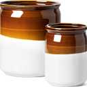 LE TAUCI Kitchen Utensil Holder, 7.2" & 5.4" Ceramic Utensil Crock for Countertop, Large Heavy Weighted Spatula Organizer, Rustic Farmhouse Decor, Vintage Two-Tone Glaze, Set of 2, Brown & White