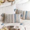 BlissBlush Decorative Lumbar Throw Pillow Covers 12x20 Combo Set of 2 Rectangular Coastal Blue Boho Accent Pillowcase Neutral Farmhouse Cushion for Couch Sofa Bedroom Living Home Dcor Cover ONLY