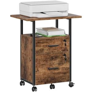 GYIIYUO 2 Wood Drawer File Cabinet with 22'' Extended Desktop and Lock, Mobile Filing Cabinet with Side Bag, Rolling Printer Stand, Fits A4&Letter Size, Home Office, Rustic Brown