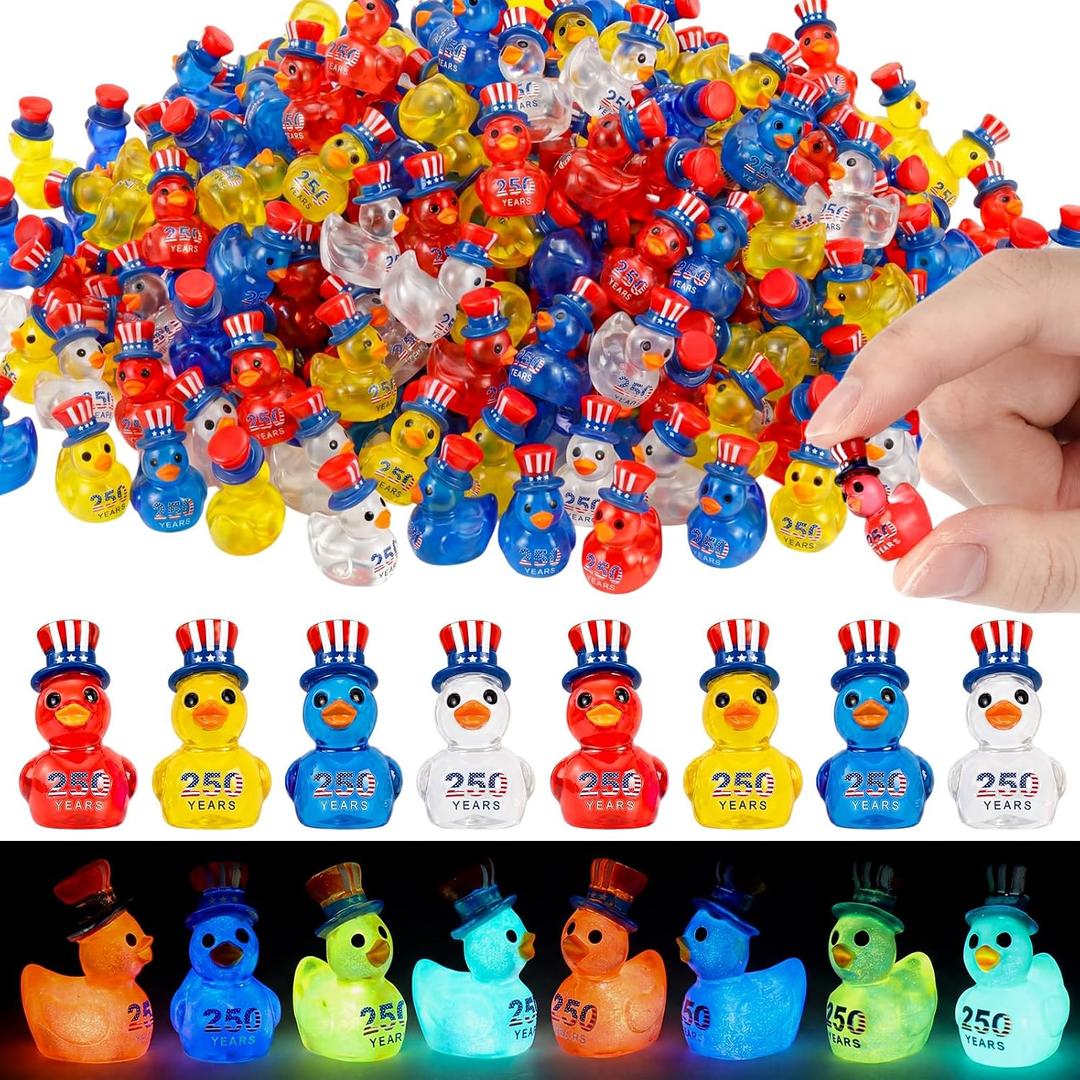 Skylety 48 Pcs 250th Anniversary of USA Patriotic Resin Ducks 4th of July Independence Day Party Decor Luminous Duck Figure Garden Potted Miniature Cake Decor Craft Charms Collector Veteran Souvenir