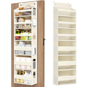 Mefirt Over The Door Organizer, 6 Shelf Door Hanging Organizers with 6 Large Capacity Pockets, Behind Door Storage Hanging Shelves for Closet Wall Bathroom Bedroom Nursery (Beige)