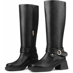 Buckle Strap Knee High Boots Low Chunky Block Heel Boots for Fall Winter Commute & Daily Wear, Size 40