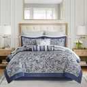 Madison Park Aubrey Cozy Comforter Set, Faux Silk Jacquard Paisley Design - All Season Down Alternative Bedding with Cotton Bed Sheets, Bed Skirt & Toss Pillows, King Navy 12 Piece