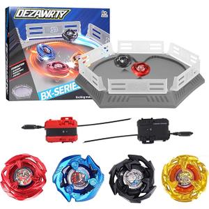 DEZAWRTY Gyro X Stadium Battling Set, 4 Spinning Tops, 2 Launchers and Arena with X Acceleration Rail, Boys Toys Kids Birthday Gift Ideals, 6+ Years Old (Grey)