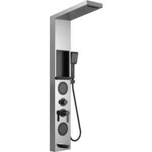 ELLO&ALLO Shower Panel System Tower with Shelf, Rainfall and Waterfall Head Rain Massage Stainless Steel Bathroom Fixtures with Adjustable Body Jets, Brushed&Black