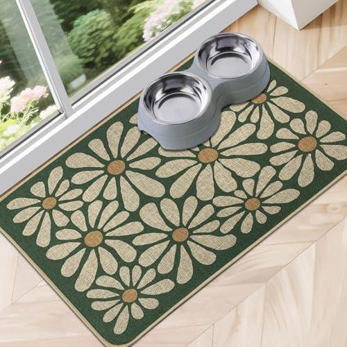 SHIYUE Dog Food Mats for Floors, Absorbent Cat Bowl for Food and Water, Non-Slip Accessories Pet Supplies(12"x20",Forest Green Flower)