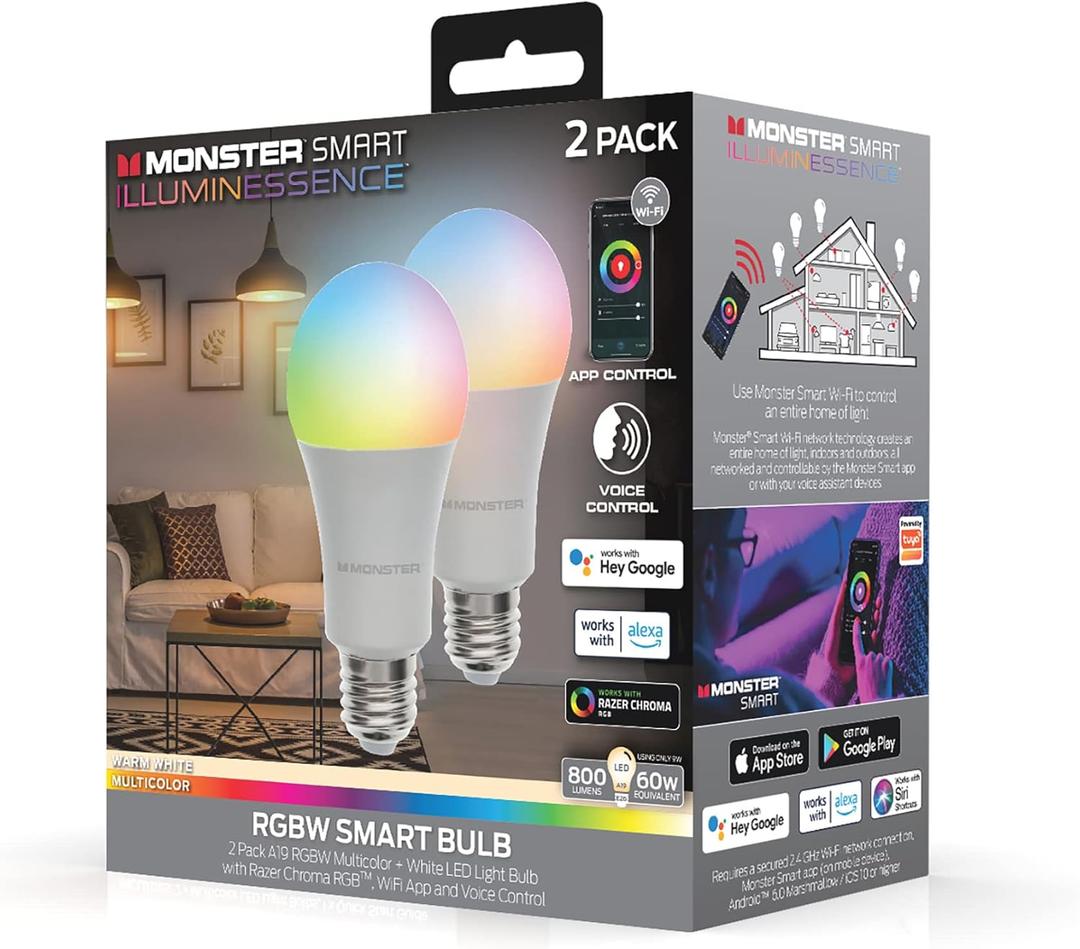 Monster Multi-Color and Warm-White LED Light Bulb, 16,000,000 Lighting Possibilities, Customizable with App, Compatible with Alexa/Siri/Google Assistant, Wi-Fi Enabled, 2-Pack, 9 Watt
