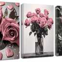 ZQQART Pink Rose Wall Art 3 PCS Bloom Pink Flower Canvas Prints Rustic Black and White Pink Floral Painting for Girls Room Wall Decor (Pink16.00" x 24.00" x 3)